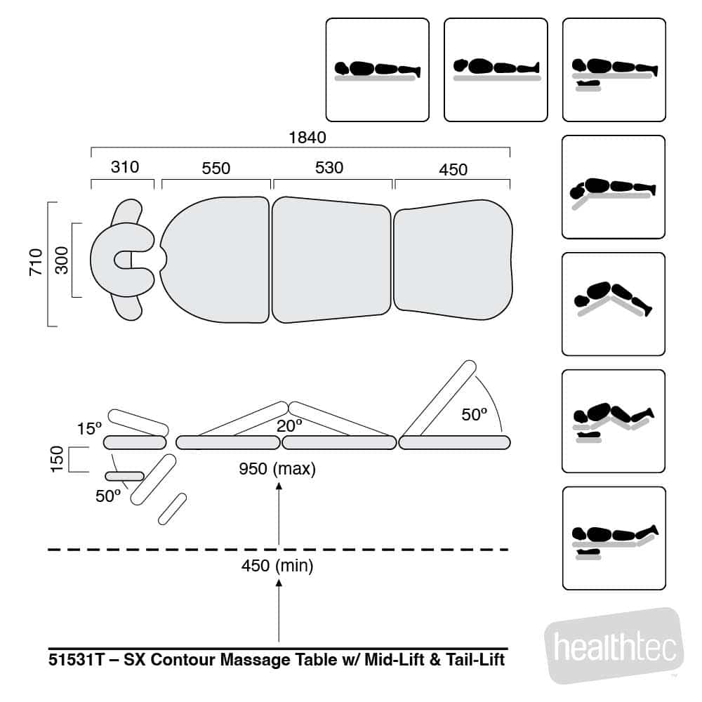 Healthtec SX Contour Massage Table with Mid-Lift and Tail-Lift